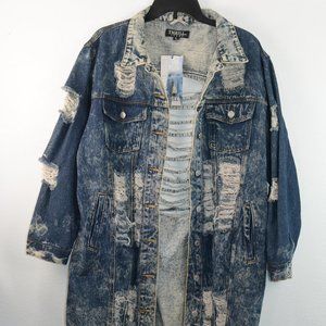 Thrill Jeans Long Denim Washed Jacket W/Distressing Size XL Shredded Acid Wash